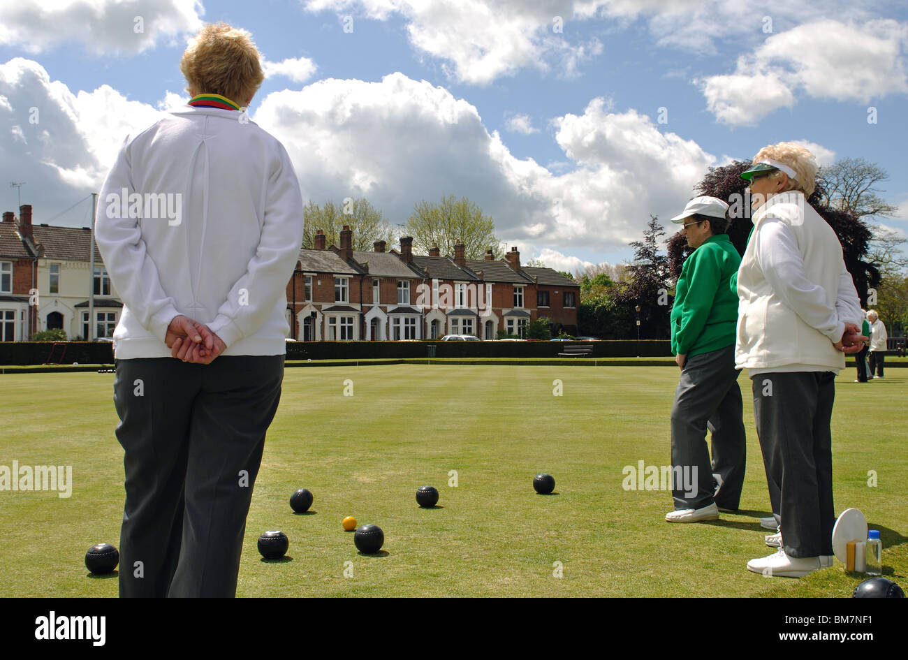 Women`s bowls at Victoria Park, Leamington Spa, Warwickshire, England, UK Stock Photo